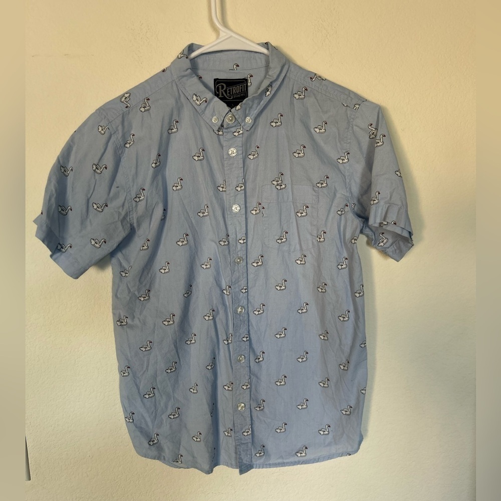 Retorfit Boys Blue Duck Button Up Short Sleeve Shirt Size Large 14 / 16